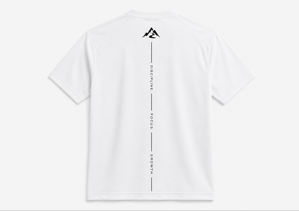 PATHMOTIVATION Performance T-Shirt Bundle, Shirt in Weiß flach liegend, Rückseite mit vertikalem Print