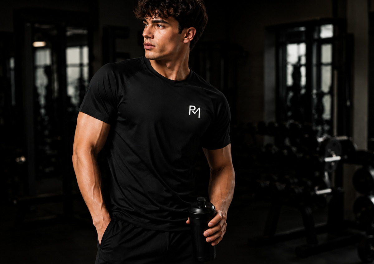PATHMOTIVATION Performance T-Shirt in Schwarz, Model im Gym mit PM-Logo auf der Brust